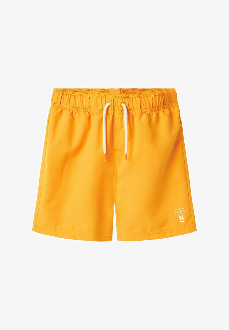 Bañadores amarillos brillantes hechos de un tejido ligero, con una cintura elástica y cordón, y un pequeño logotipo en la parte inferior.