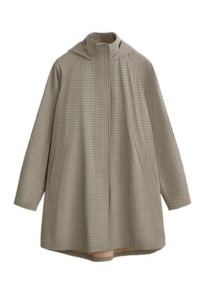 Lightweight, hooded coat in beige plaid fabric. Features a straight silhouette, two side pockets, and a high collar.