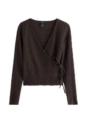 Mørkebrun tekstureret wrap-stil langærmet top med V-hals og bindelukning i siden, lavet af krøllet stof.