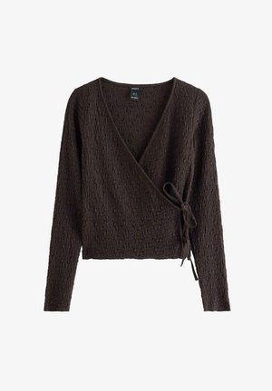 Mørkebrun tekstureret wrap-stil langærmet top med V-hals og bindelukning i siden, lavet af krøllet stof.