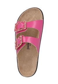 Pink slide sandal with two straps featuring gold chain accents. Soft suede-like insole, black outsole, and a curved shape for comfort.