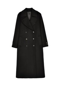 Svart yllemantel med dubbelknäppt design, hackad krage, två framfickor och silverknappar som detaljer på ärmarna.