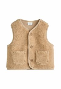 Gilet in pile beige con scollatura arrotondata, tre bottoni e due tasche frontali. Texture morbida e profili a contrasto lungo i bordi.