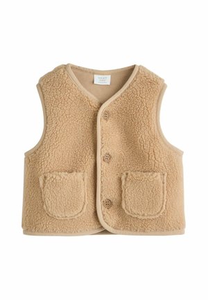 Beige Fleece-Weste mit rundem Halsausschnitt, drei Knöpfen und zwei Fronttaschen. Weicher Stoff mit kontrastierenden Abschlüssen.