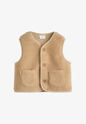 Vest din fleece bej cu guler rotund, trei butoane și două buzunare frontale. Textură moale și margini cu o tivă contrastantă.