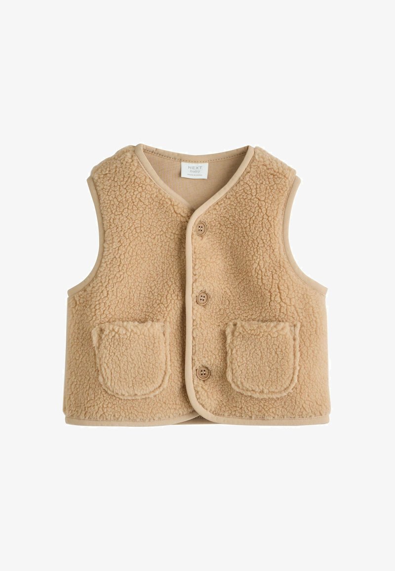 Gilet in pile beige con scollatura arrotondata, tre bottoni e due tasche frontali. Texture morbida e profili a contrasto lungo i bordi.