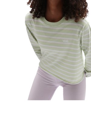 Långärmad skjorta i ljusgrönt med vita ränder. Har rund halsringning och Vans-logotyp. Matchas med ljusrosa åtsittande leggings.