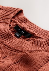 Cuello de suéter tejido de color óxido con textura acanalada y etiqueta de tela negra que muestra la marca "NEXT" y la etiqueta "Made in China".