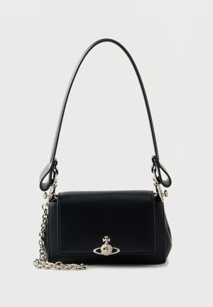 Black leather handbag with a structured design, chain and adjustable strap, featuring a silver hardware clasp and logo accent on the front.