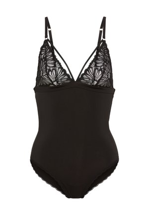 Μαύρο κορμάκι με δαντελένιες λεπτομέρειες στα cups, ρυθμιζόμενους ιμάντες και κυματιστά τελειώματα στο τελείωμα· ύφασμα λείο, εφαρμοστό σχέδιο.