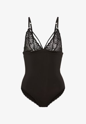 Μαύρο κορμάκι με δαντελένιες λεπτομέρειες στα cups, ρυθμιζόμενους ιμάντες και κυματιστά τελειώματα στο τελείωμα· ύφασμα λείο, εφαρμοστό σχέδιο.