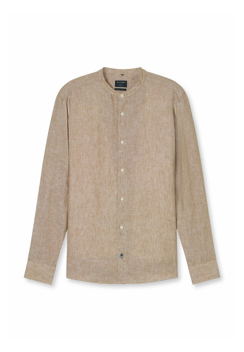 Lichtbruine lange mouwen shirt met een Mandarin-kraag, met een gestructureerde stof en knoopsluiting met een contrasterende blauwe accent aan de onderrand.