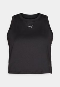 Czarny bezrękawnik sportowy typu crop top wykonany z gładkiej tkaniny, z małym szarym logo Pumy na piersi. Prosty, minimalistyczny design.