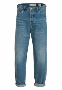 Lichtblauwe denim jeans met een straight-leg pasvorm, hoge taille, opgerolde boorden, vijf zakken en subtiele vervaging op de stof.