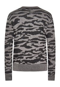 Pulover gri cu un model de dungi negre de tigru, guler rotund, mâneci lungi și tivuri și manșete ribbate. Fabricat dintr-un material tricotat moale.
