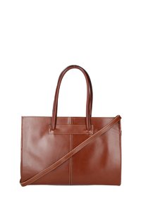 Borsa tote in pelle marrone con due manici e una tracolla regolabile. Presenta una texture liscia e dettagli di cucitura a contrasto.