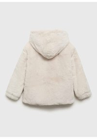 Faux-fur-Mantel in Off-White mit Kapuze, langen Ärmeln und einer weichen, plüschigen Textur. Keine sichtbaren Verschlüsse oder Muster.
