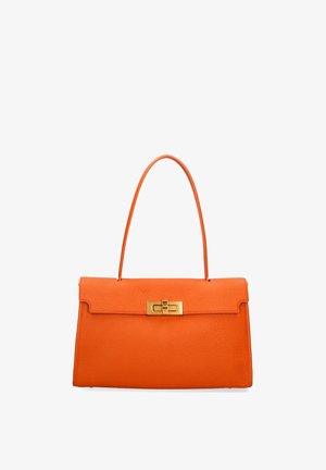 Borsa a tracolla in pelle arancione con un design strutturato, dotata di una chiusura dorata e di un unico manico, che mette in risalto una finitura testurizzata.