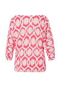 Langarmtop in roze met een wit geometrisch patroon. Heeft een relaxte pasvorm en een boot neckline. Zachte gebreide stoftextuur.