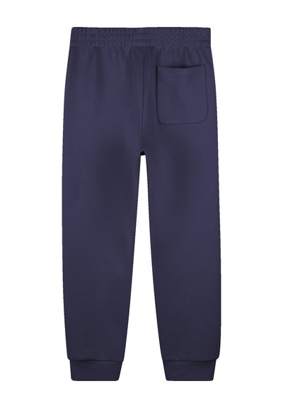 Marineblauwe sweatpants van zachte stof, met een elastische tailleband, ribgebreide boorden en één achterzak. Glad van structuur.