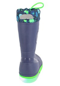 Navy rubberen regenlaarzen met groene accenten, een gestreepte stoffen bovenkant en een trekkoord bovenaan. Heeft een gestructureerde zool voor grip.