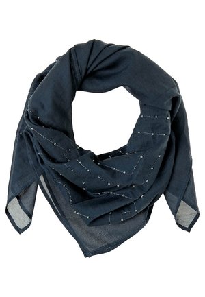 Mørk marineblå trekantet halstørklæde med fine perlebesatte geometriske mønstre, letvægtsstof, foldet og draperet i en løkke.