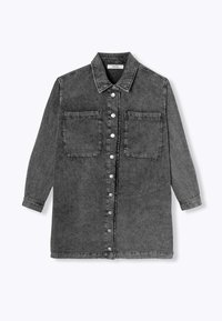 Veste en denim gris avec devant à boutons, col, deux poches avant et manches longues avec poignets à boutons.