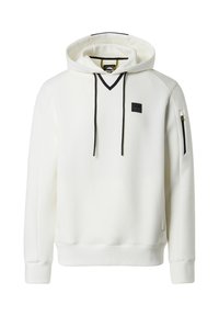 Felpa bianca con cappuccio e design a V, dettagli neri e cordini. Presenta una tasca laterale con zip e tessuto texturizzato.