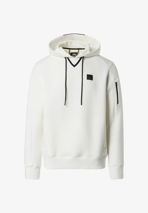 Weißer Kapuzenpullover mit V-Ausschnitt, schwarzen Akzenten und Kordeln. Verfügt über eine seitliche Reißverschlusstasche und strukturierte Baumwolle.