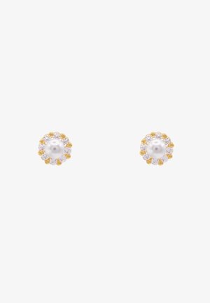 Gold-tone stud earrings featuring a central pearl surrounded by a circular arrangement of clear crystals, creating a floral design.