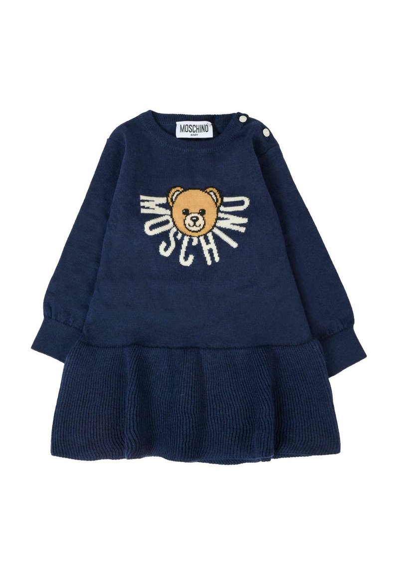 Abito lavorato a maglia blu navy con grafiche di un orso e il testo "MOSCHINO". Maniche lunghe con dettagli a bottone; texture a costine sulla gonna.