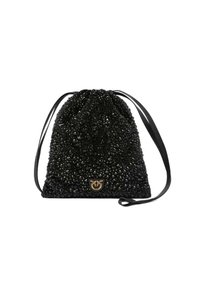 Borsa a coulisse nera con perline, dotata di un'apertura arricciata, con superficie testurizzata, tracolla liscia nera e un piccolo emblema dorato sul fronte.