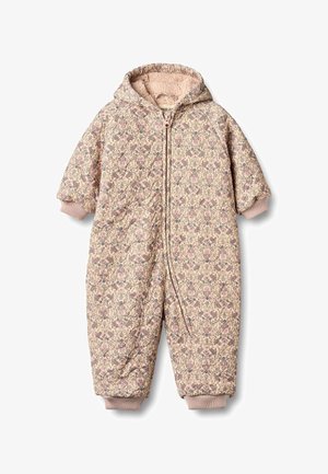 Tutina imbottita per neonati con motivo floreale, dotata di cappuccio, zip frontale e polsini elastici. Colore principale è rosa chiaro con accenti marroni.