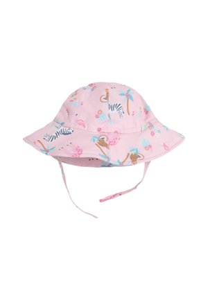 Rosa Bucket-Hat mit Tier- und Blumenmustern, breiter Krempe und Kinnriemen. Hergestellt aus leichtem Stoff mit glatter Textur.
