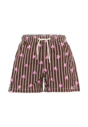 Short de bain marron avec des rayures blanches verticales et un motif répétitif de petits poulpes roses, avec un cordon blanc à la taille élastique.