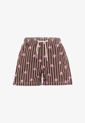 Pantaloncini da bagno marroni con righe verticali bianche e motivo ripetuto di piccoli polpi rosa, con coulisse bianca in vita elastica.
