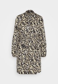Long-sleeve dress with a high smocked neckline, made of patterned fabric in black and beige, featuring an elastic waist for fit.