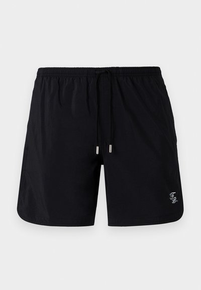 Schwarze Badeshorts aus leichtem Material, mit elastischem Bund, verstellbarem Kordelzug und kleinem Logo-Detail.