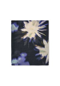 Kolorowy szalik z abstrakcyjnym kwiatowym wzorem na ciemnym tle, wykonany z miękkiego materiału o gładkiej fakturze. Krawędzie lekko postrzępione.