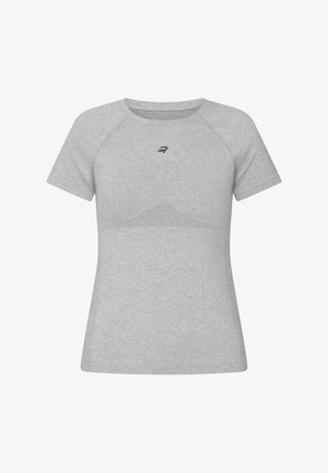 Gray athletic shirt with short sleeves, round neckline, textured panel across the chest, and small logo in black above the left side.