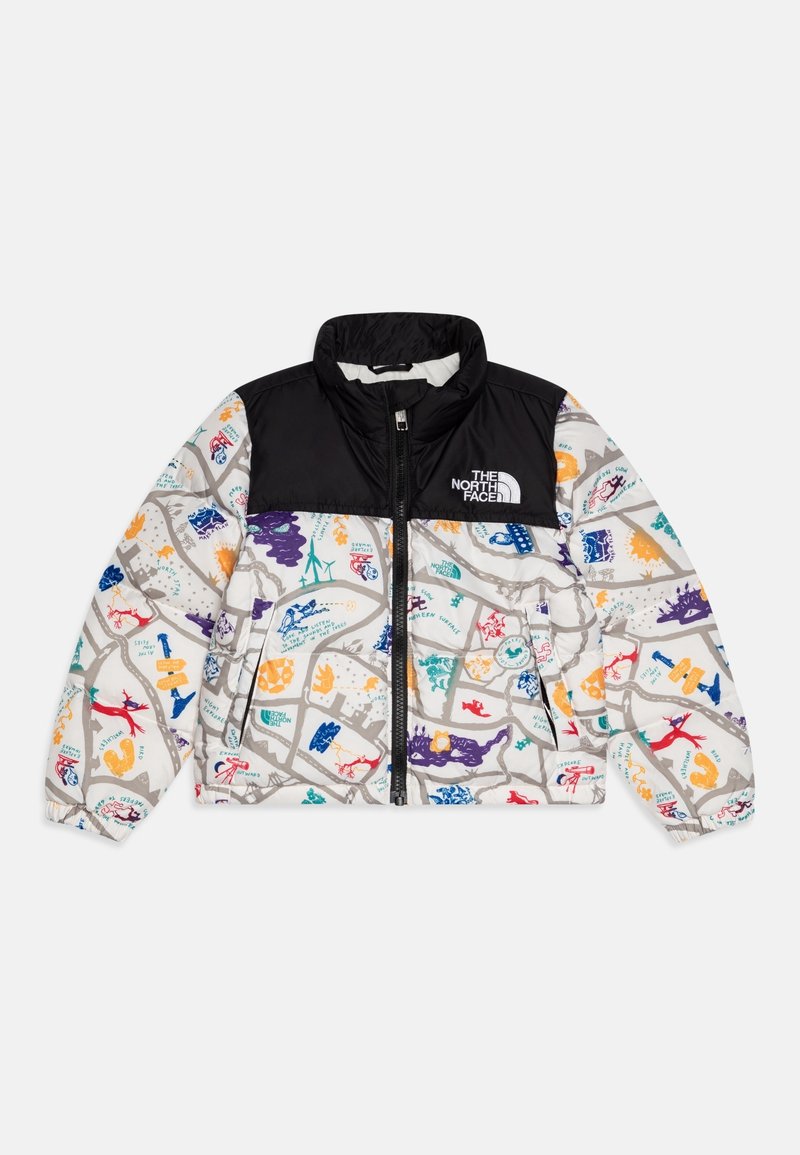 Vadderad jacka med svart nylonöverdel och mönstrad underdel med färgglada motiv på ljusgrå bakgrund. Framdragkedja.