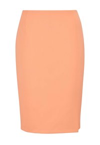 Pfirsichfarbene Bleistiftrock aus glattem Stoff, mit taillierter Passform und knielanger Länge, ohne sichtbare Muster oder Verzierungen.