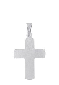 Ciondolo croce in argento con una texture spazzolata, caratterizzato da un design semplice e da un'asola per il fissaggio. Forma piatta e simmetrica.