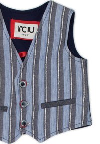 Gilet a righe blu e bianche con scollo a V, tre bottoni e due tasche frontali. Realizzato in tessuto testurizzato con fodera blu navy. Etichetta rossa all'interno.