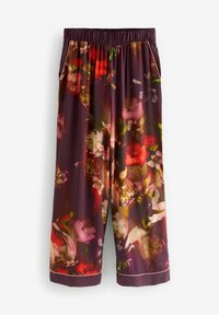 Burgundy stoffen broek met een bloemenprint, bredere pijpen, een elastische tailleband, zijzakken en contrasterende rand langs de boorden.