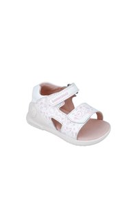 Sandalia blanca con acentos en rosa suave y patrones de pájaros. Correa ajustable de velcro para un ajuste seguro. Diseño abierto para transpirabilidad.