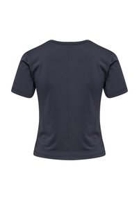 Ciemnoszary T-shirt z krótkim rękawem i okrągłym dekoltem, pokazany od tyłu z centralnym szwem i lekko dopasowanym krojem.