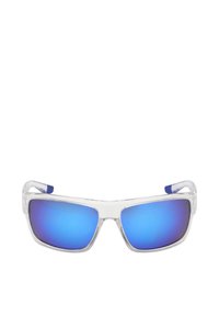 Lunettes de soleil à monture transparente avec des verres rectangulaires miroitants bleus et des branches légèrement courbées avec des embouts bleus.