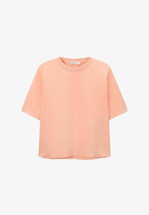 Korte mouwen, ronde hals T-shirt van zacht koraalkatoen. Heeft een relaxte pasvorm en een gladde textuur met een rechte zoom.