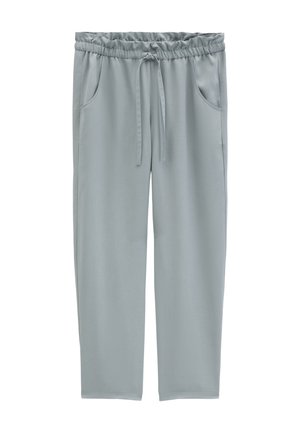 Hellgraue lässige Hose mit elastischem Bund, verstellbarem Kordelzug und Seitentaschen, für Komfort und entspannte Passform entworfen.